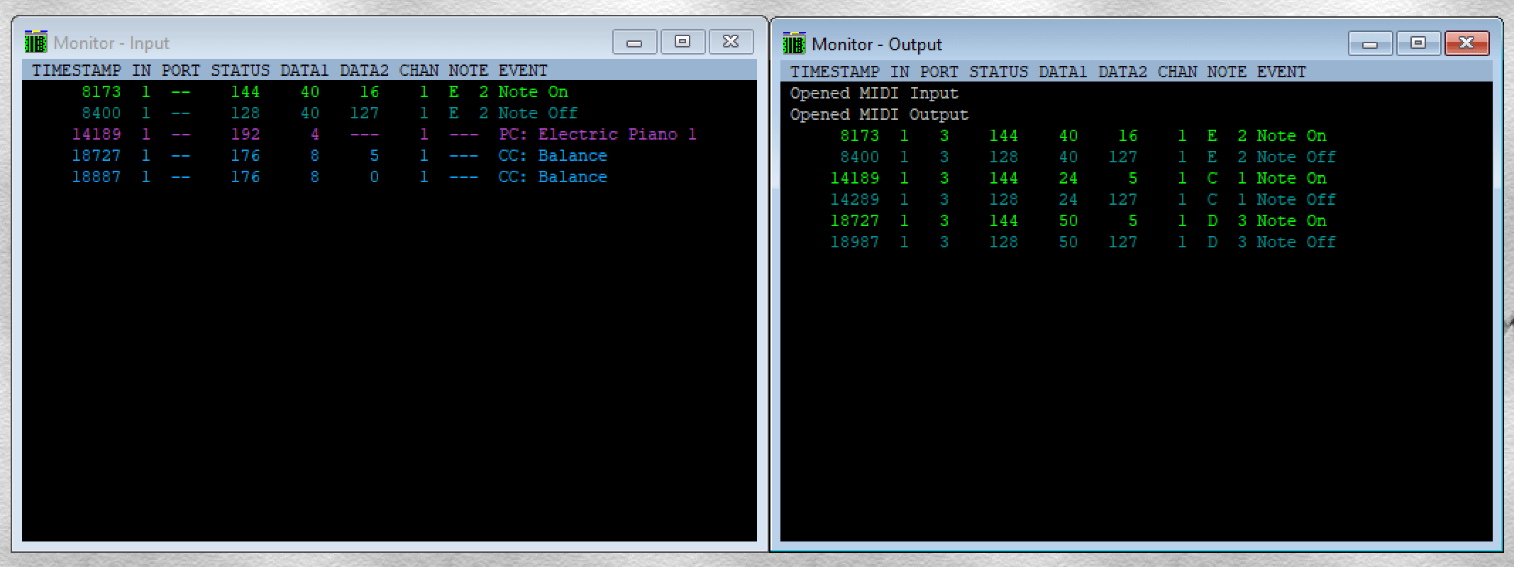 MIDI-OX input and output